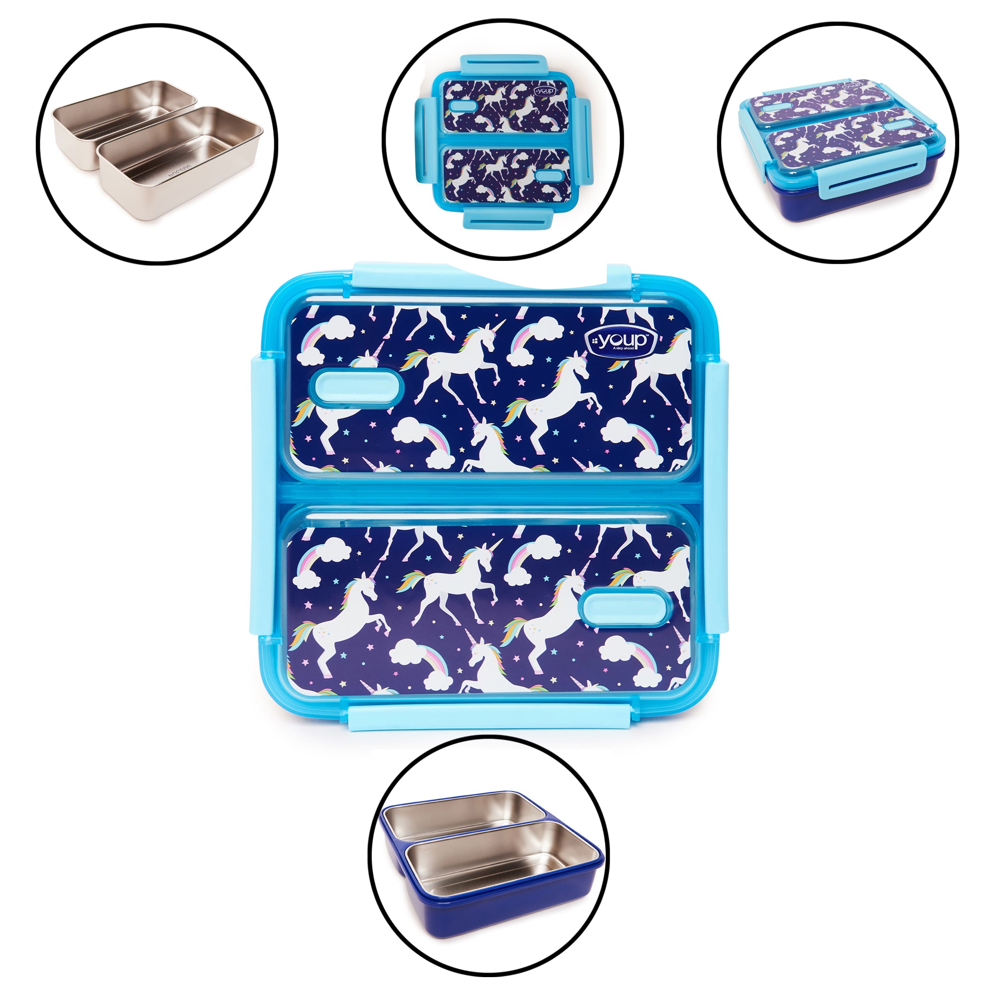 Stainless Steel Unicorn Theme Kids Bento Lunch Box With 2 Compartments Pluto-1100 Ml