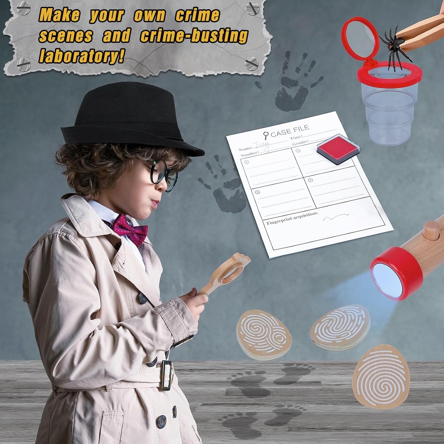 Wooden Detective Role Play Set for Kids, 15 Pieces with Evidence Markers, Wooden Tools, Case File, Black Hat and Accessories