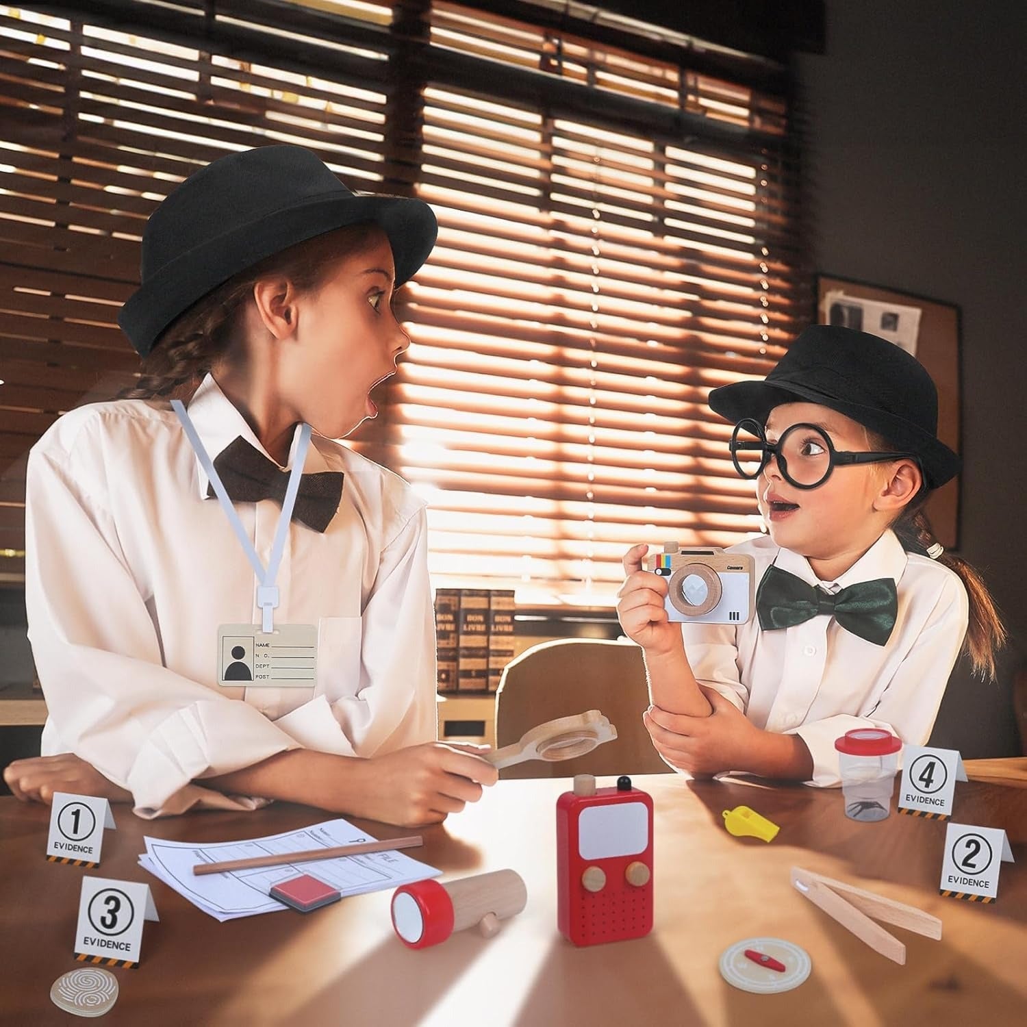 Wooden Detective Role Play Set for Kids, 15 Pieces with Evidence Markers, Wooden Tools, Case File, Black Hat and Accessories