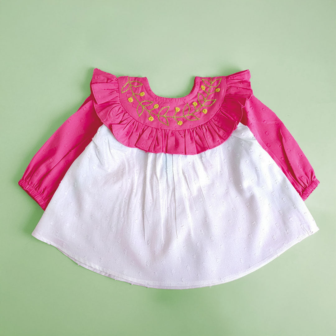 Embroidered Hot Pink and White Puffed Sleeve Dress - Garland of Flowers