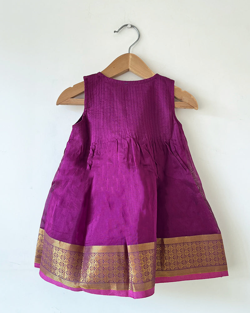 Anagha purple infant pleated festive dress in handwoven cotton silk