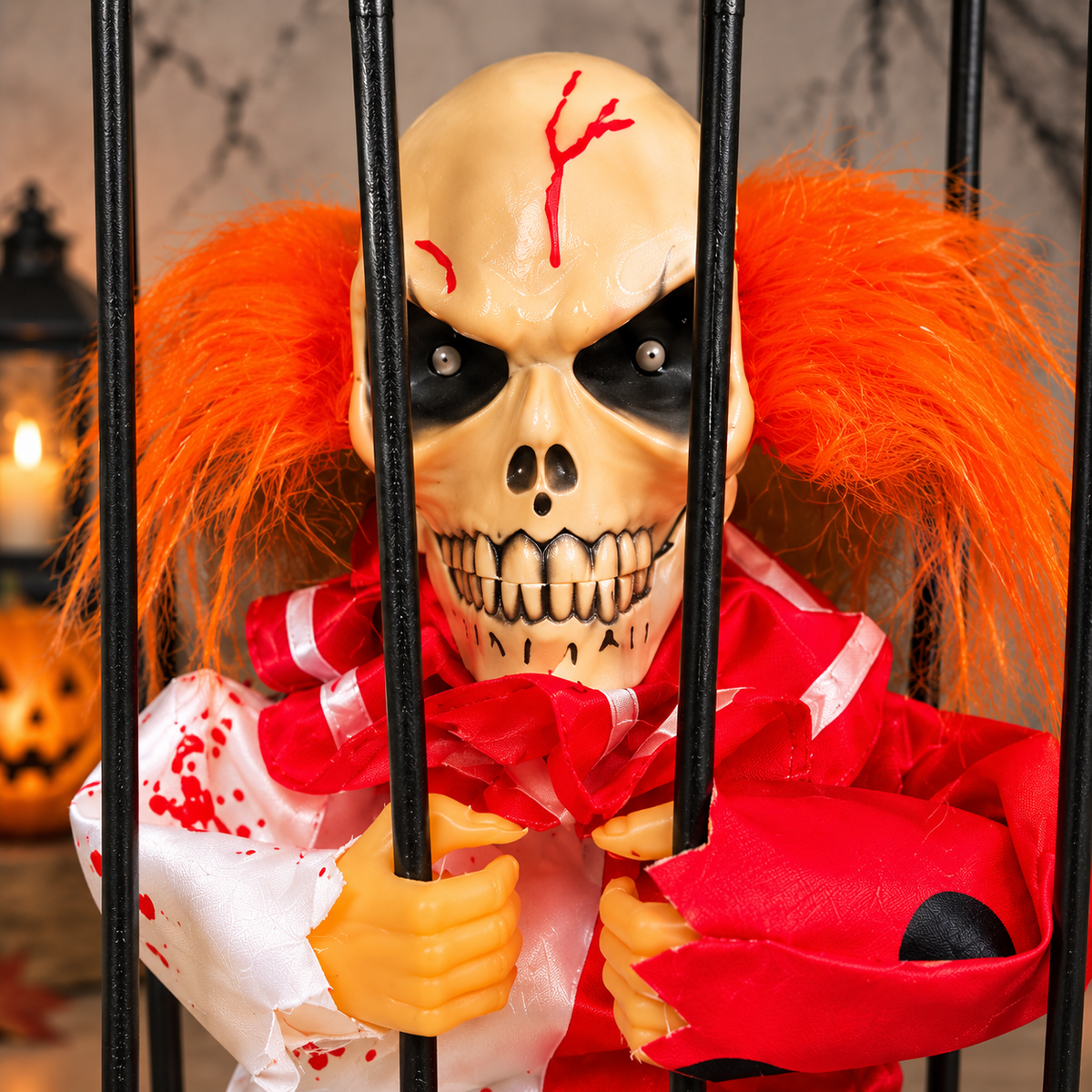 Animated Hanging Skeleton Cage – Bloody Clown
