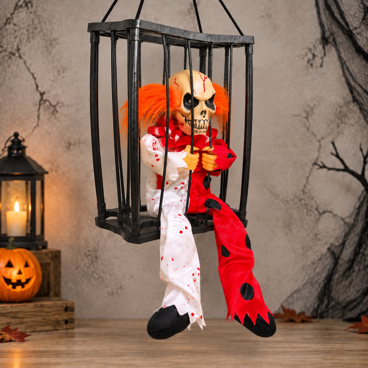 Animated Hanging Skeleton Cage – Bloody Clown