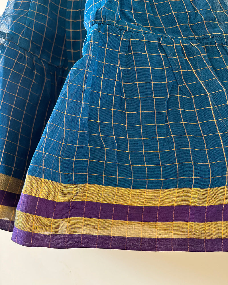 Aparajita blue gold checks infant tiered festive dress in handwoven cotton silk