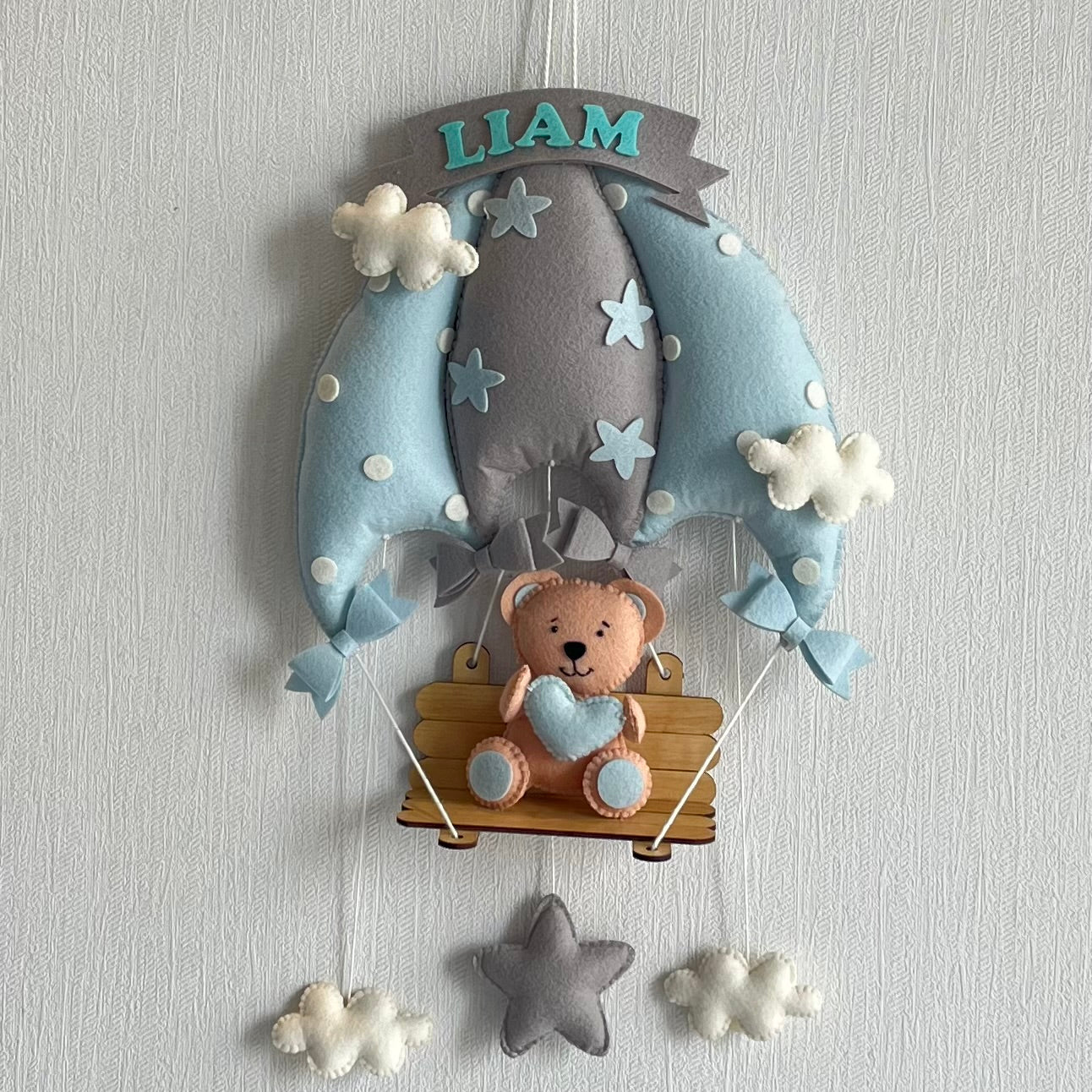 Blue Teddy On a Swing Name Hanging