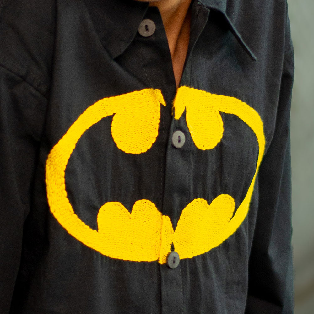 Bat Superhero Chest Icon Embroidered Organic Cotton Shirt - Black
