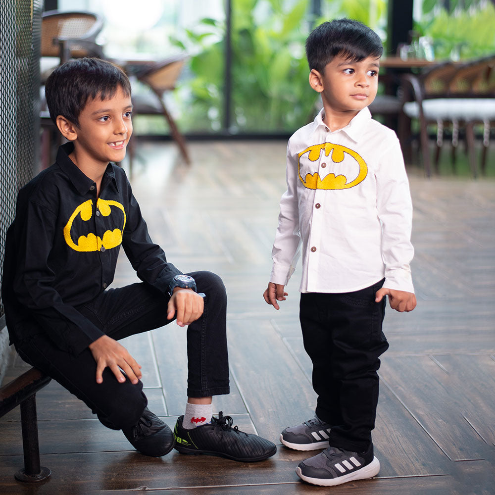 Bat Superhero Chest Icon Embroidered Organic Cotton Shirt - White