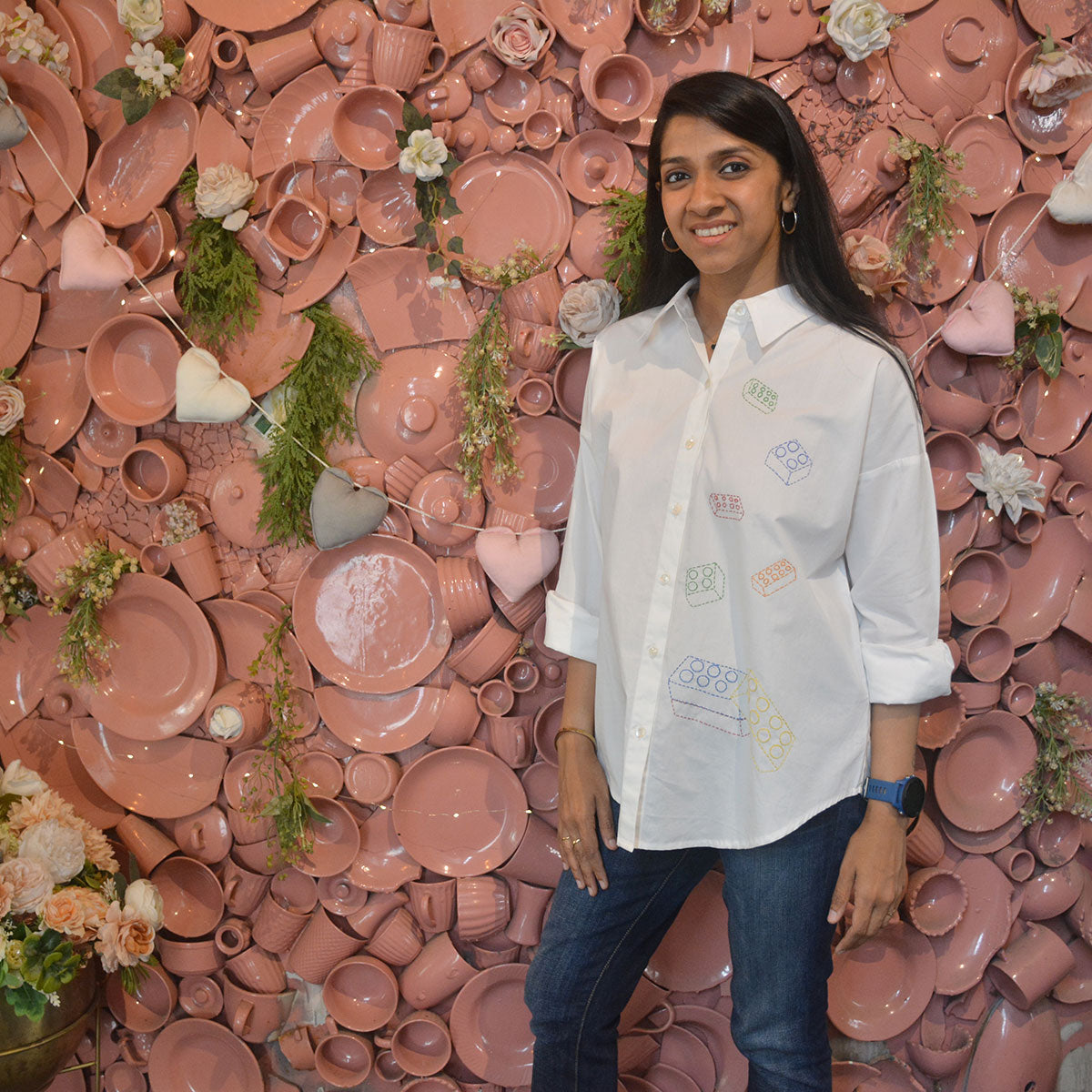 Building Blocks Embroidered Women Shirt - White