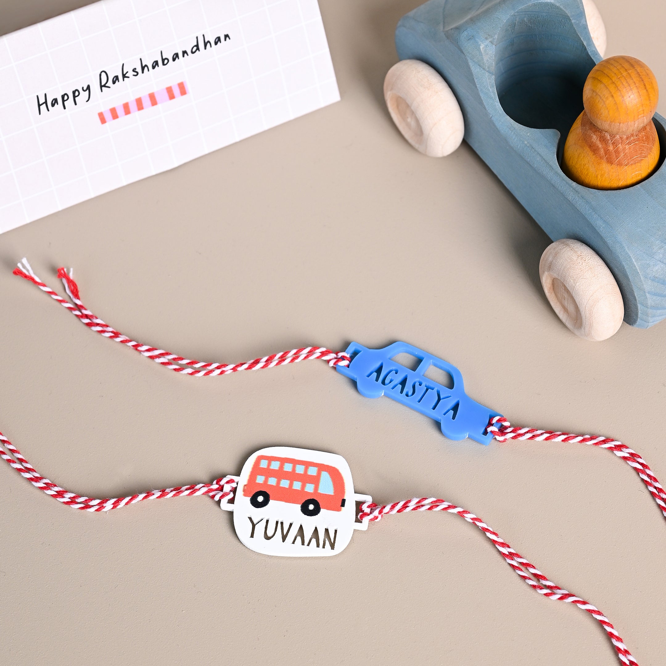 Personalised printed bus rakhi on a gift card – Totdot