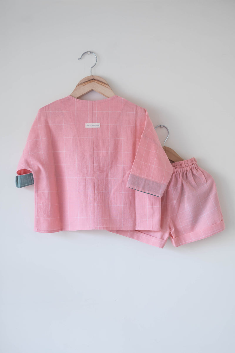 Shared secrets’ unisex full sleeve kimono shirt and shorts co-ord in peach pink handwoven cotton checks