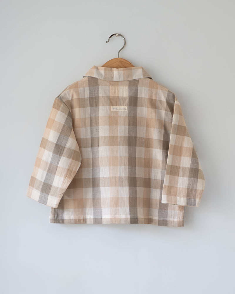 Cloud Drift Oversized Beige Off White Checks Shirt In Handwoven Cotton