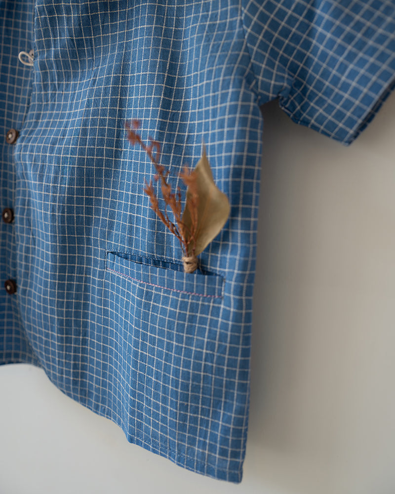 Blue Meadow Curved Placket Checks Shirt In Handwoven Cotton