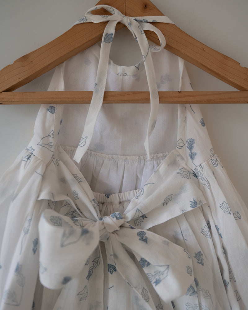 Bloom White Floral Hand Block Print Halter Neck Girls Mal Dress