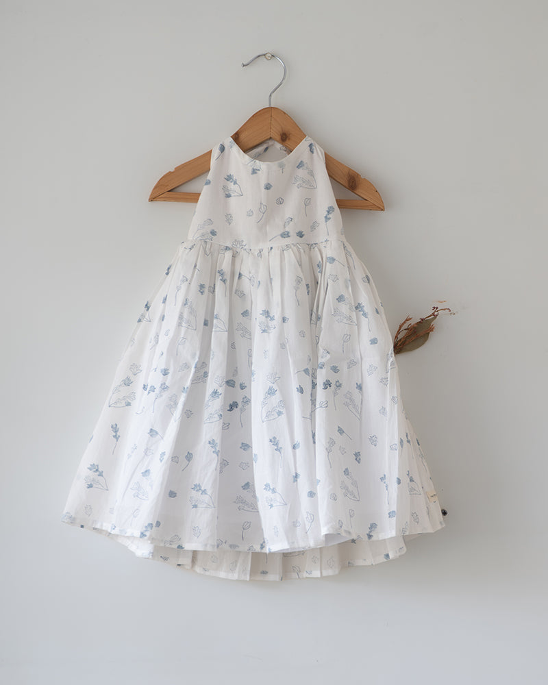 Bloom White Floral Hand Block Print Halter Neck Girls Mal Dress