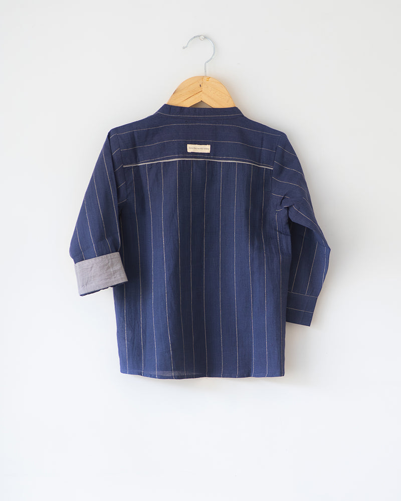 Barefoot Boy Chinese Collar Blue Stripes Shirt In Handwoven Cotton
