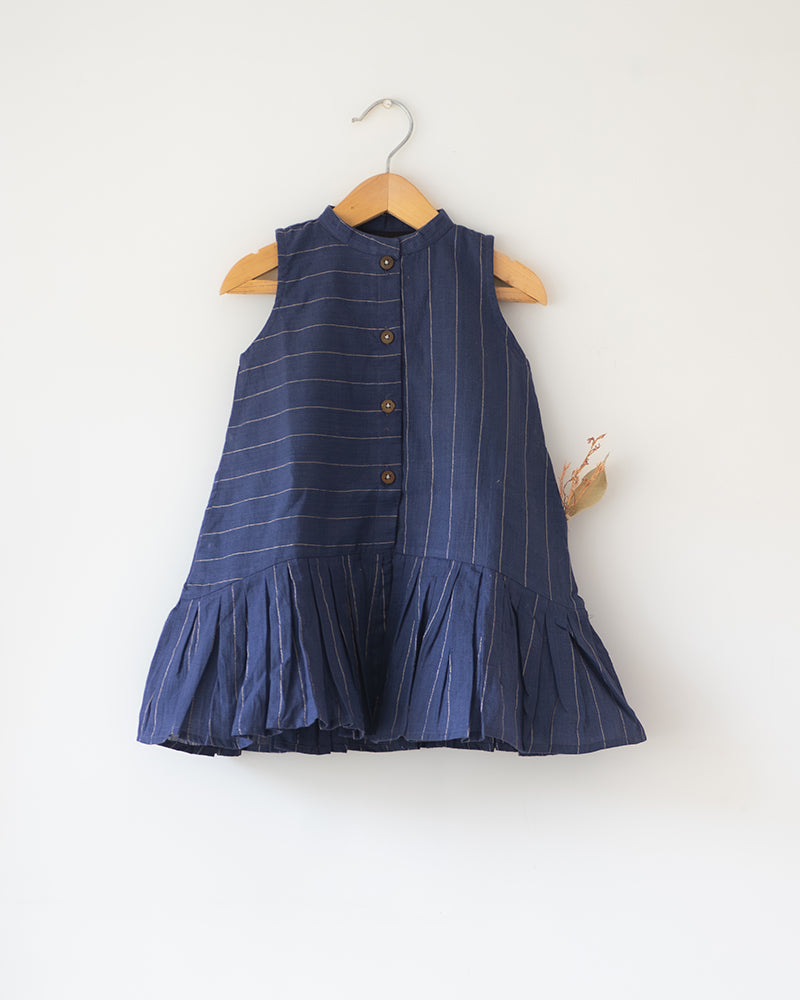 Pitter Patter High Low Lined Dress In Blue Stripes In Handwoven Cotton