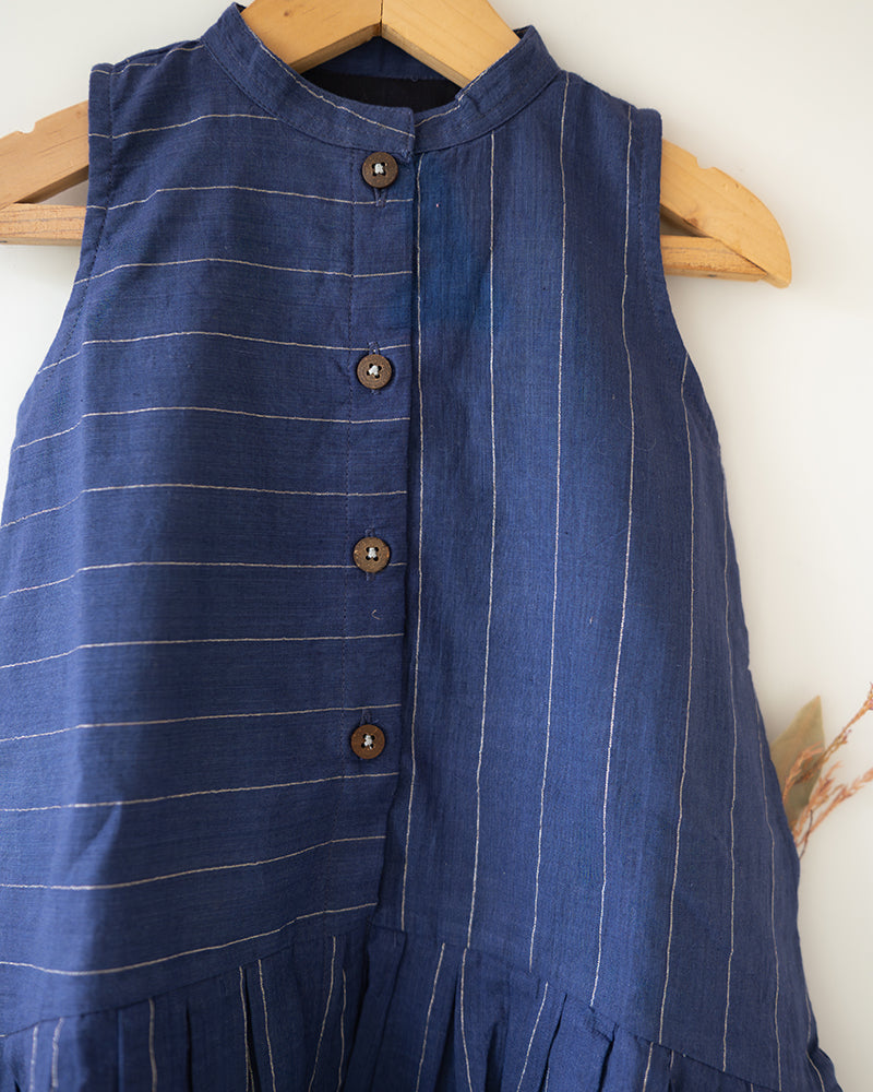 Pitter Patter High Low Lined Dress In Blue Stripes In Handwoven Cotton