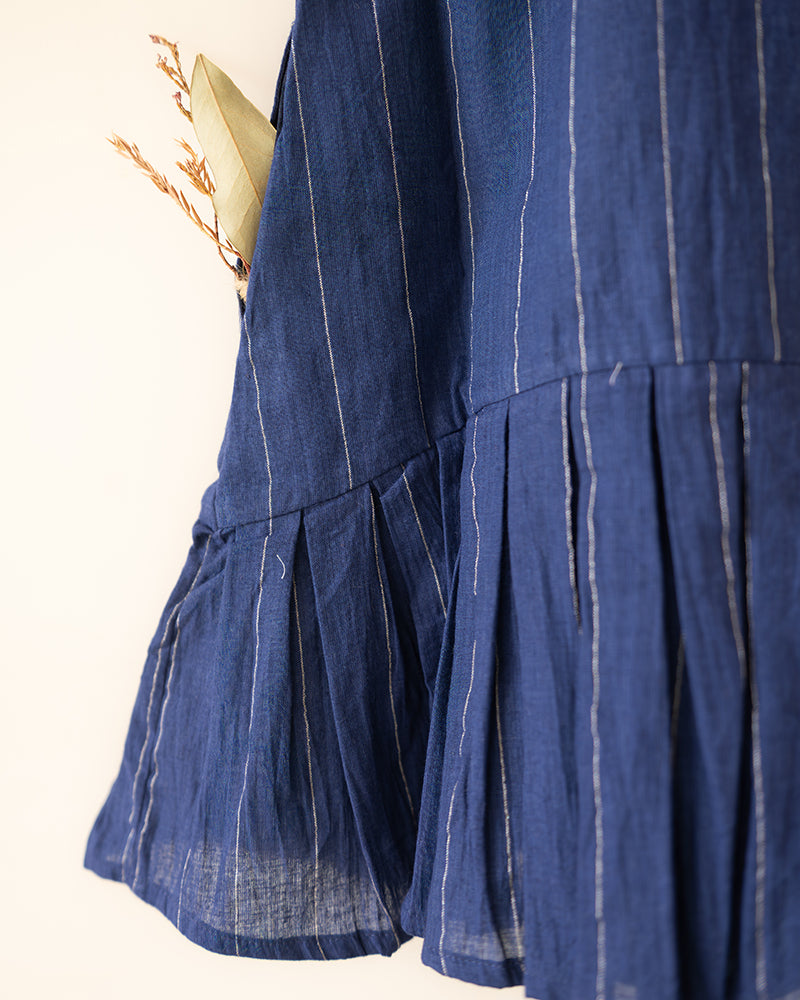 Pitter Patter High Low Lined Dress In Blue Stripes In Handwoven Cotton