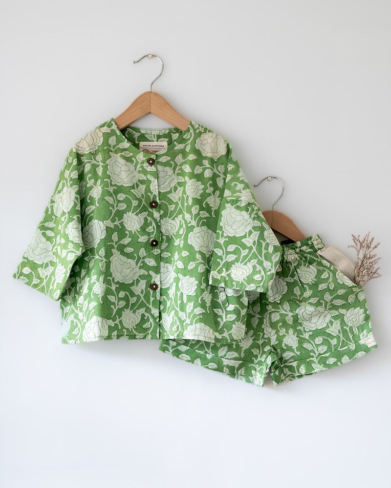 Shared secrets - kids green floral hand block print coord set