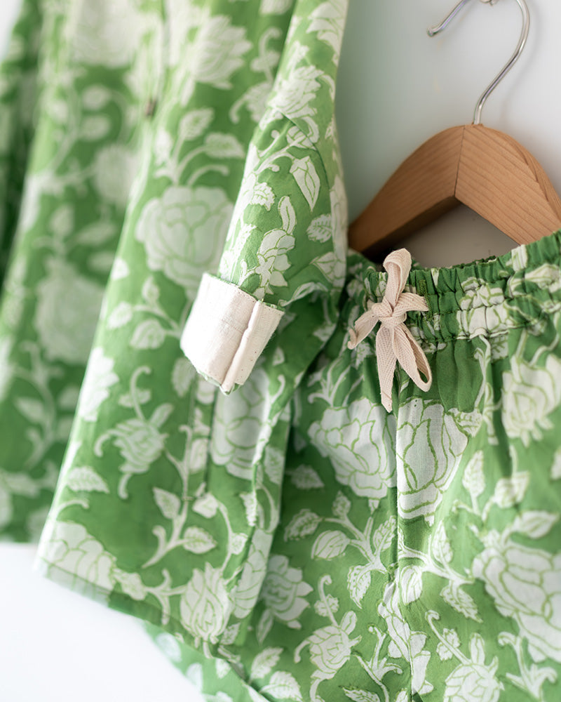 Shared secrets - kids green floral hand block print coord set