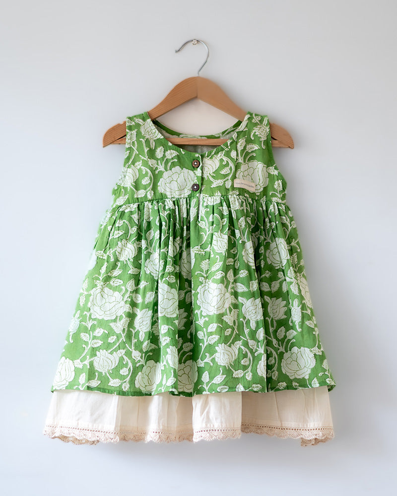 Piroutte - green floral hand block print layered girls dress