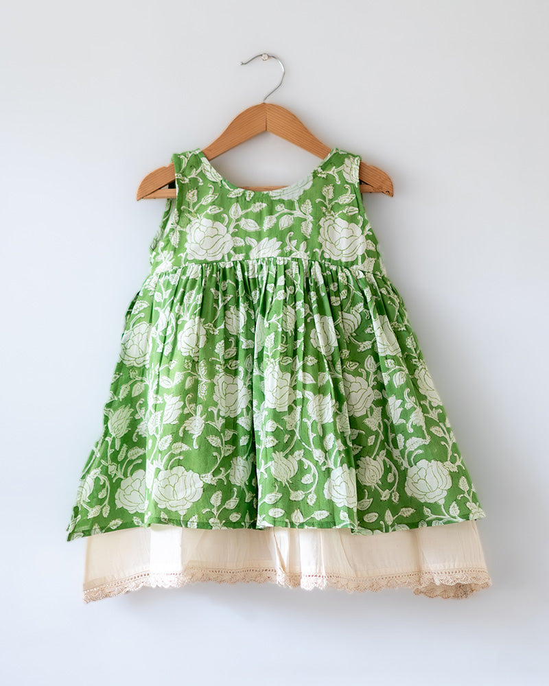 Piroutte - green floral hand block print layered girls dress