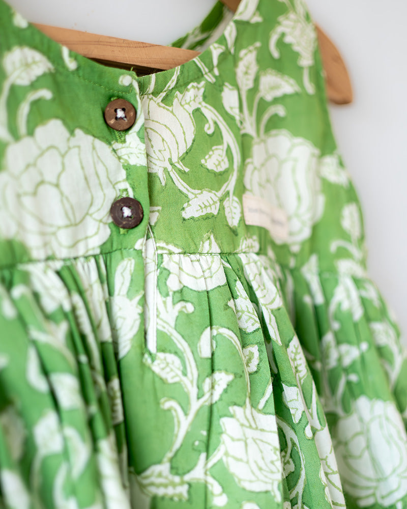 Piroutte - green floral hand block print layered girls dress