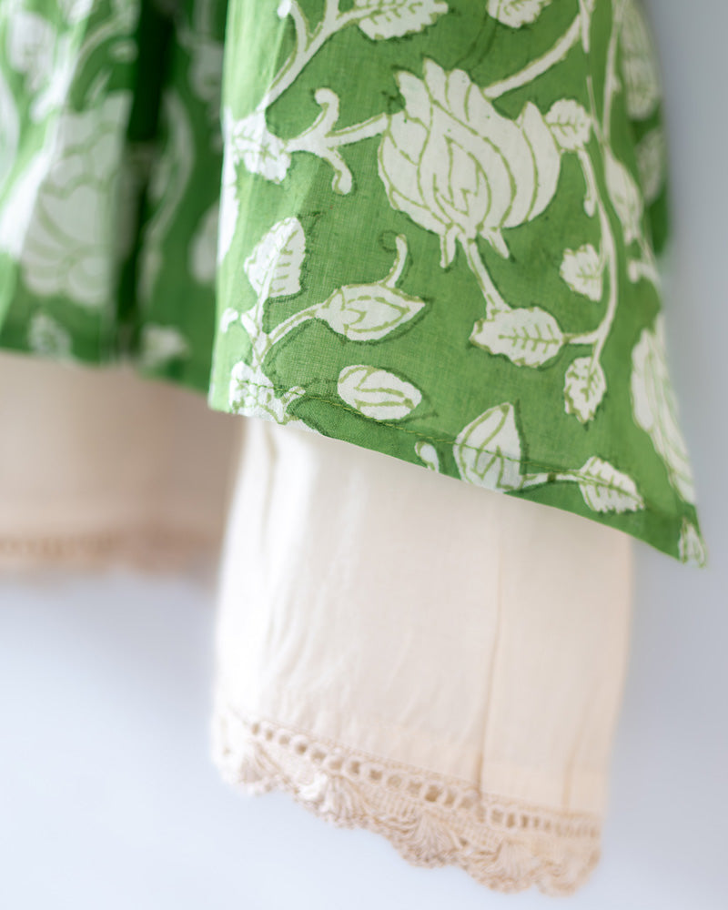 Piroutte - green floral hand block print layered girls dress