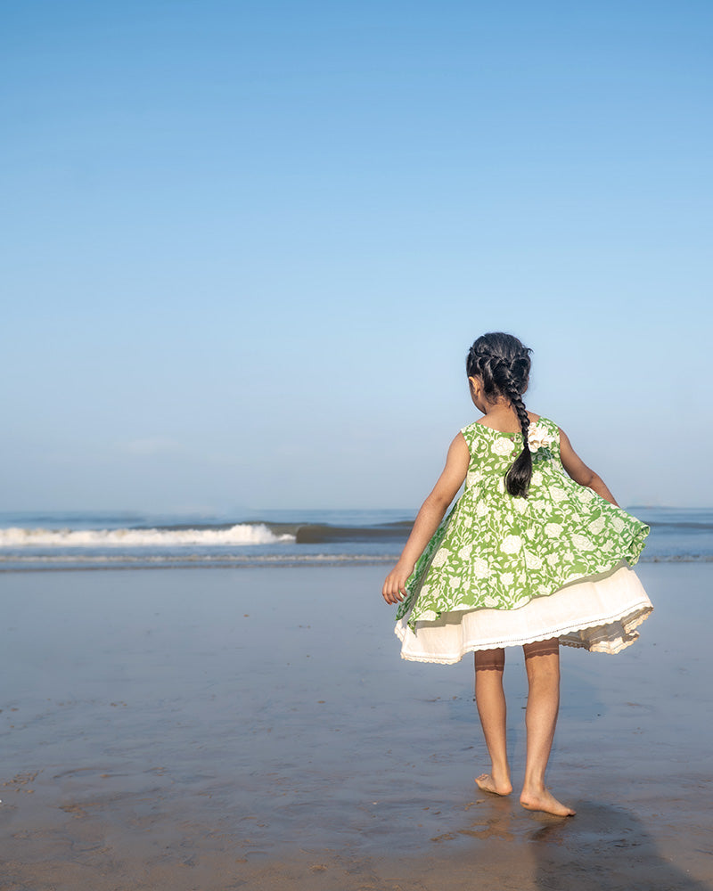 Piroutte - green floral hand block print layered girls dress