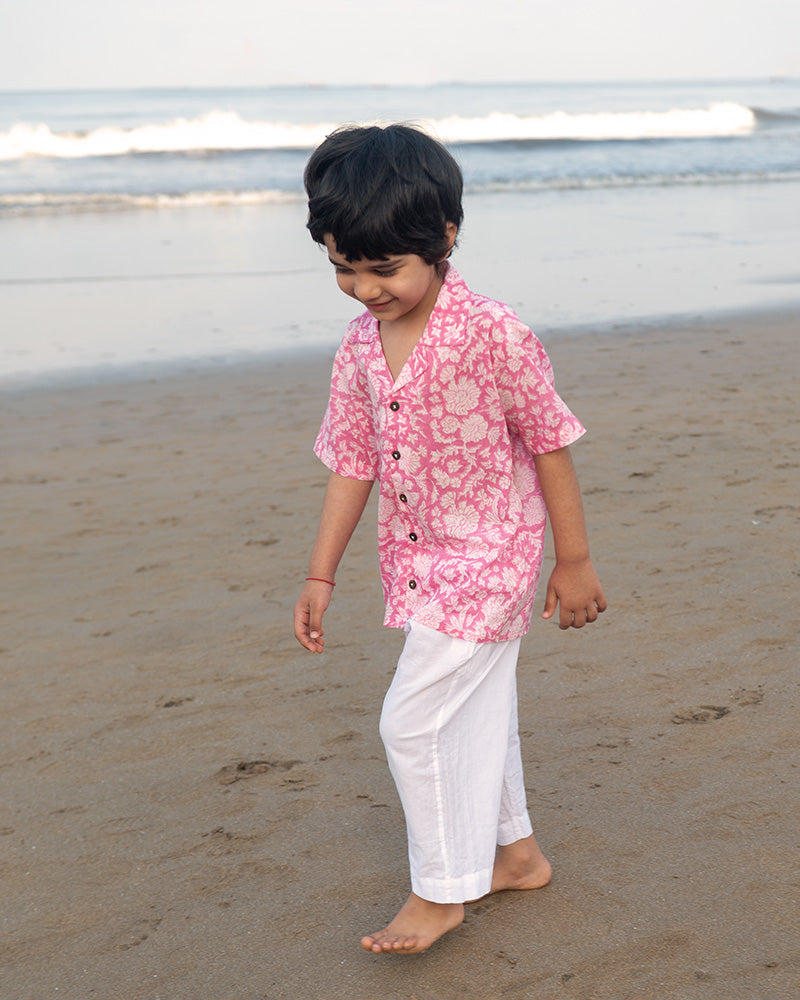 Groove - pink floral hand block print boys shirt