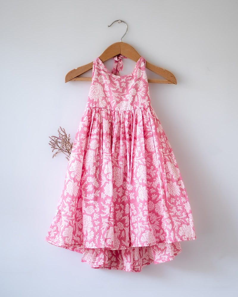 Bloom - pink floral hand block print halter neck girls mal dress