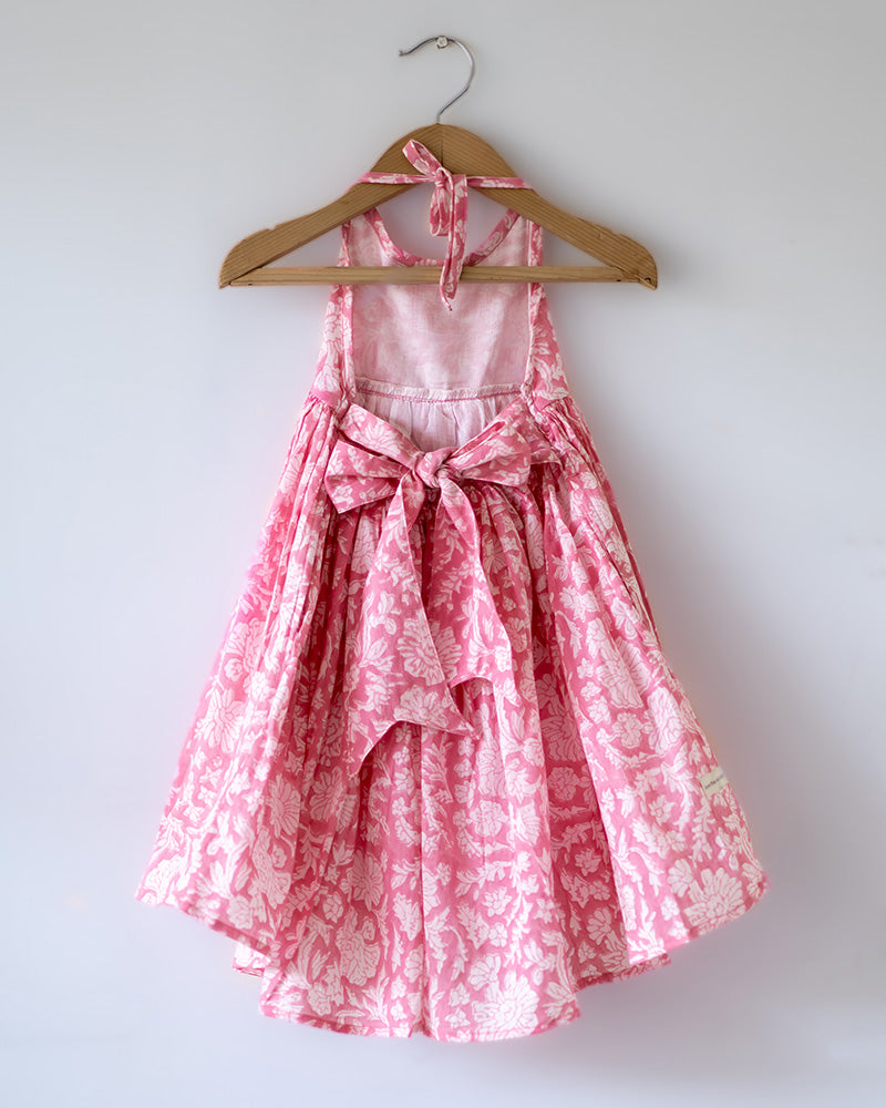 Bloom - pink floral hand block print halter neck girls mal dress