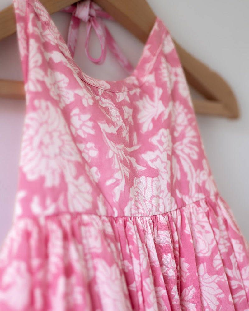 Bloom - pink floral hand block print halter neck girls mal dress