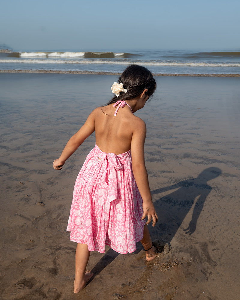 Bloom - pink floral hand block print halter neck girls mal dress