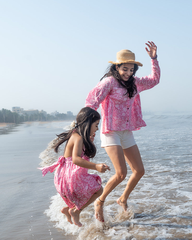 Bloom - pink floral hand block print halter neck girls mal dress
