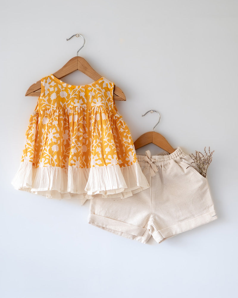 Scent of flowers - yellow floral hand block cotton girls coord set