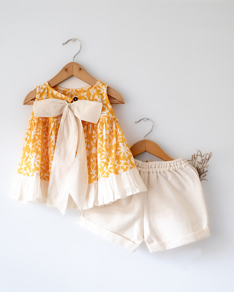 Scent of flowers - yellow floral hand block cotton girls coord set