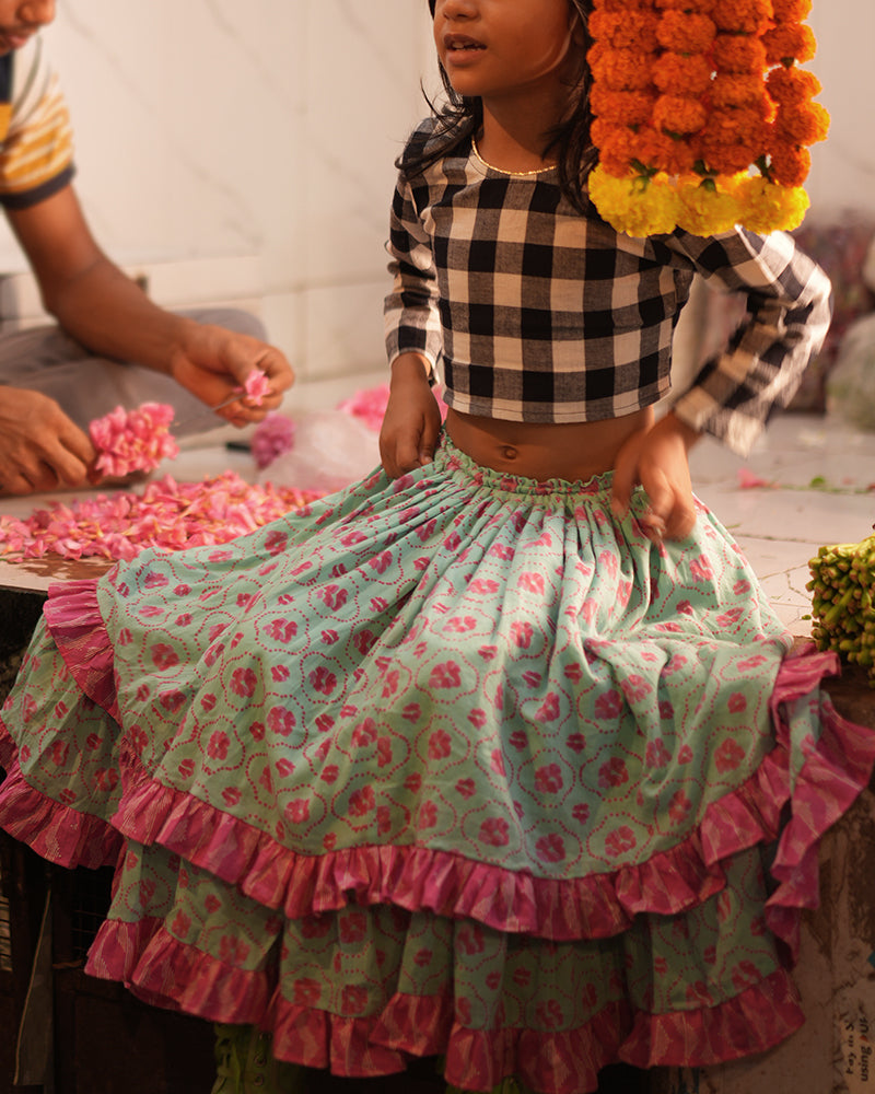 Noor Cotton Black White Checks Top With Floral Lehenga Set