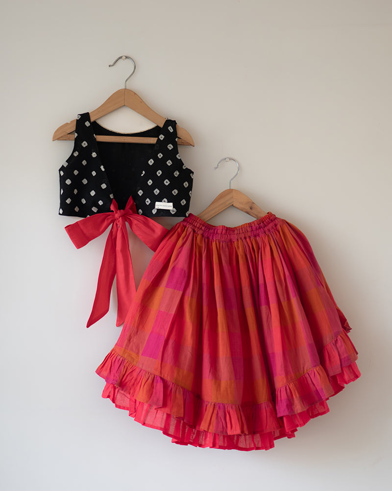 Laddoo Cotton Black Bandhani Top With Checkered Lehenga Set