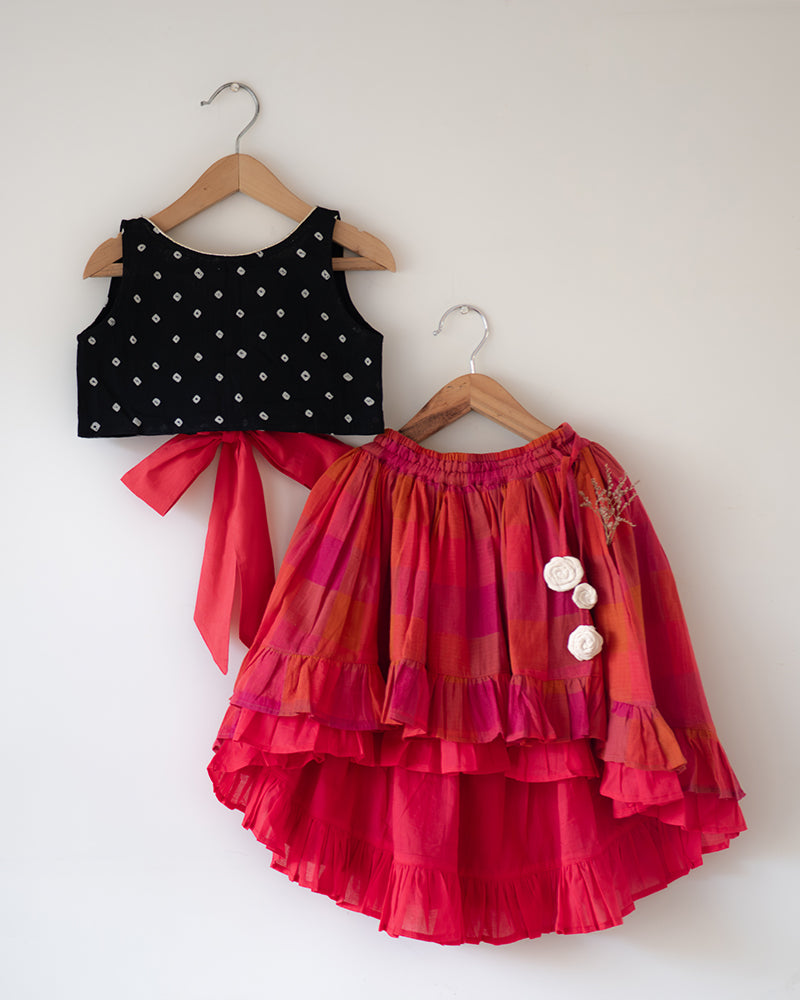 Laddoo Cotton Black Bandhani Top With Checkered Lehenga Set