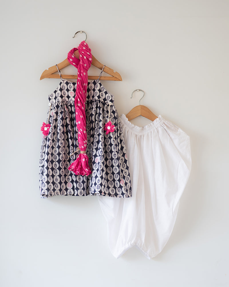 Nila Cotton Monstera Print Kurta With White Cowl Dhoti Pants and Pink Bandhani Dupatta Coord Set