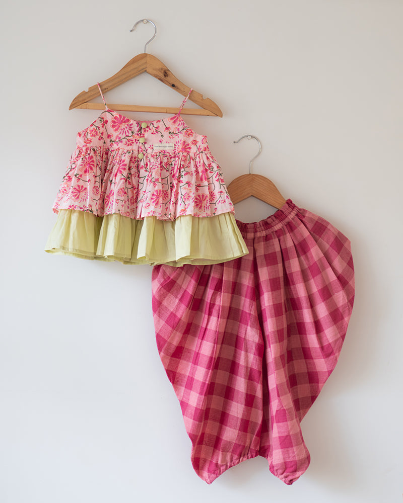 Leela Cotton Pink Floral Flared Top With Pink Checkered Pants Coord Set