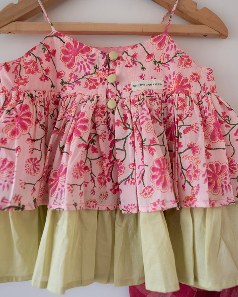 Leela Cotton Pink Floral Flared Top With Pink Checkered Pants Coord Set