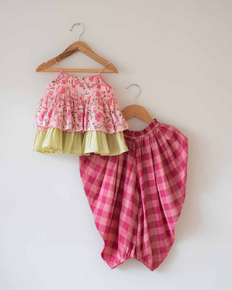 Leela Cotton Pink Floral Flared Top With Pink Checkered Pants Coord Set