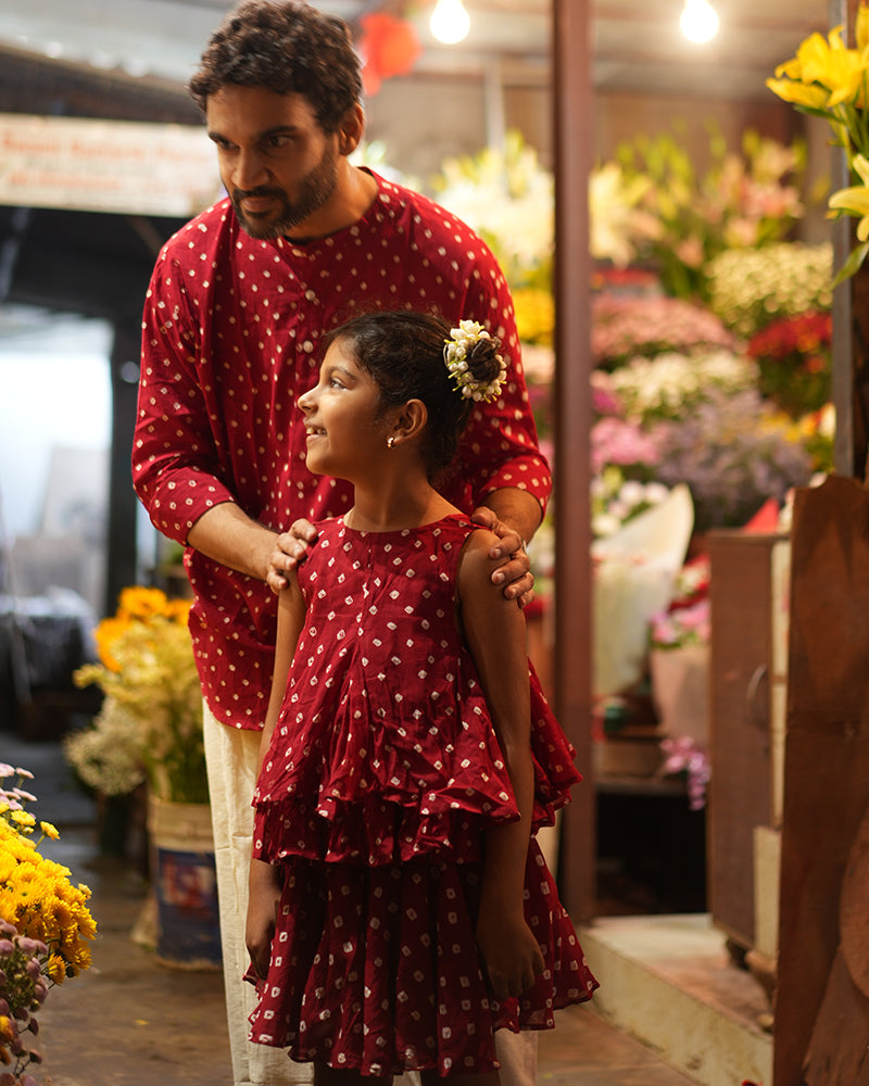 Gulal Cotton Red Bandhani Flowy Top and Skirt Coord Set