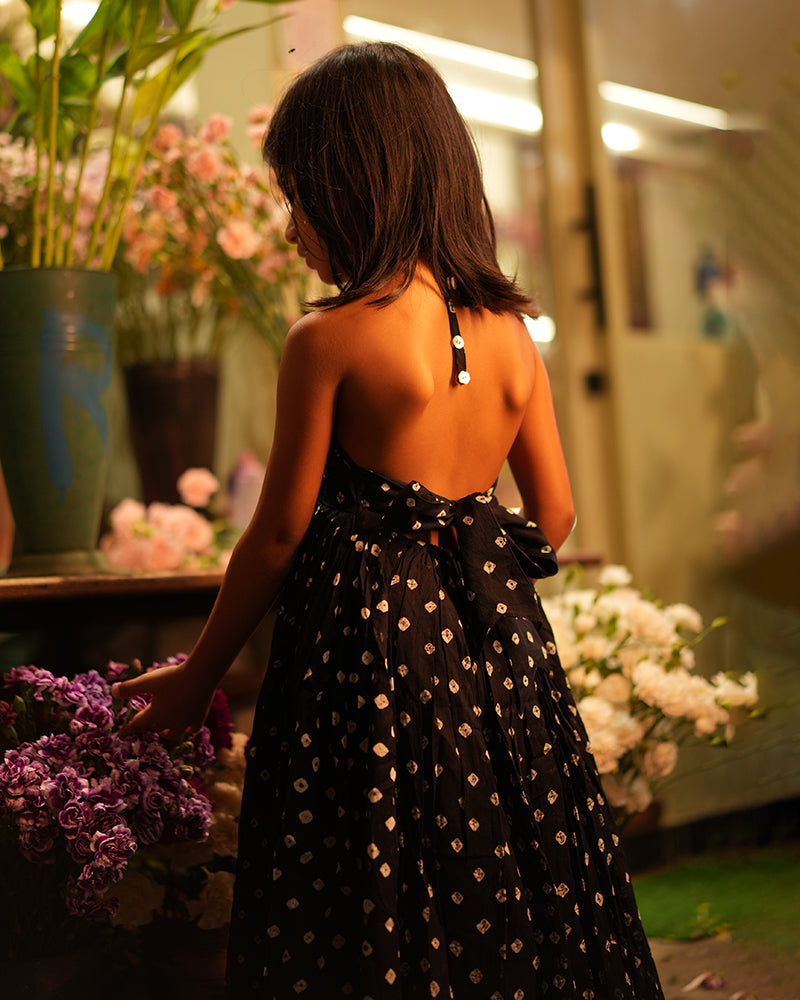 Tara Cotton Black Bandhani Halter Maxi Dress