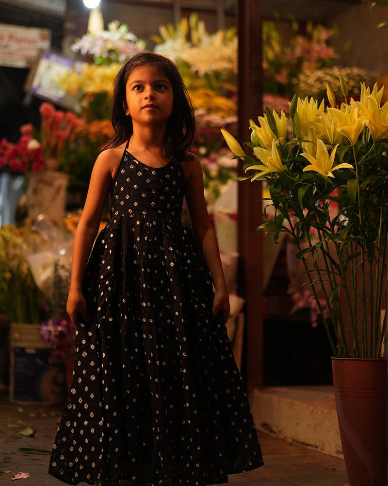 Tara Cotton Black Bandhani Halter Maxi Dress