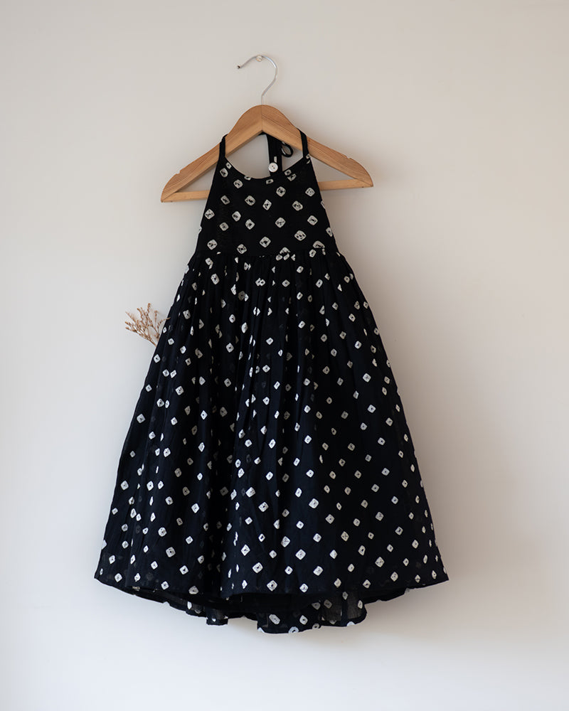Tara Cotton Black Bandhani Halter Maxi Dress