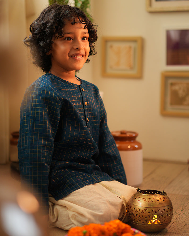 APARAJITA festive kurta in blue gold checks