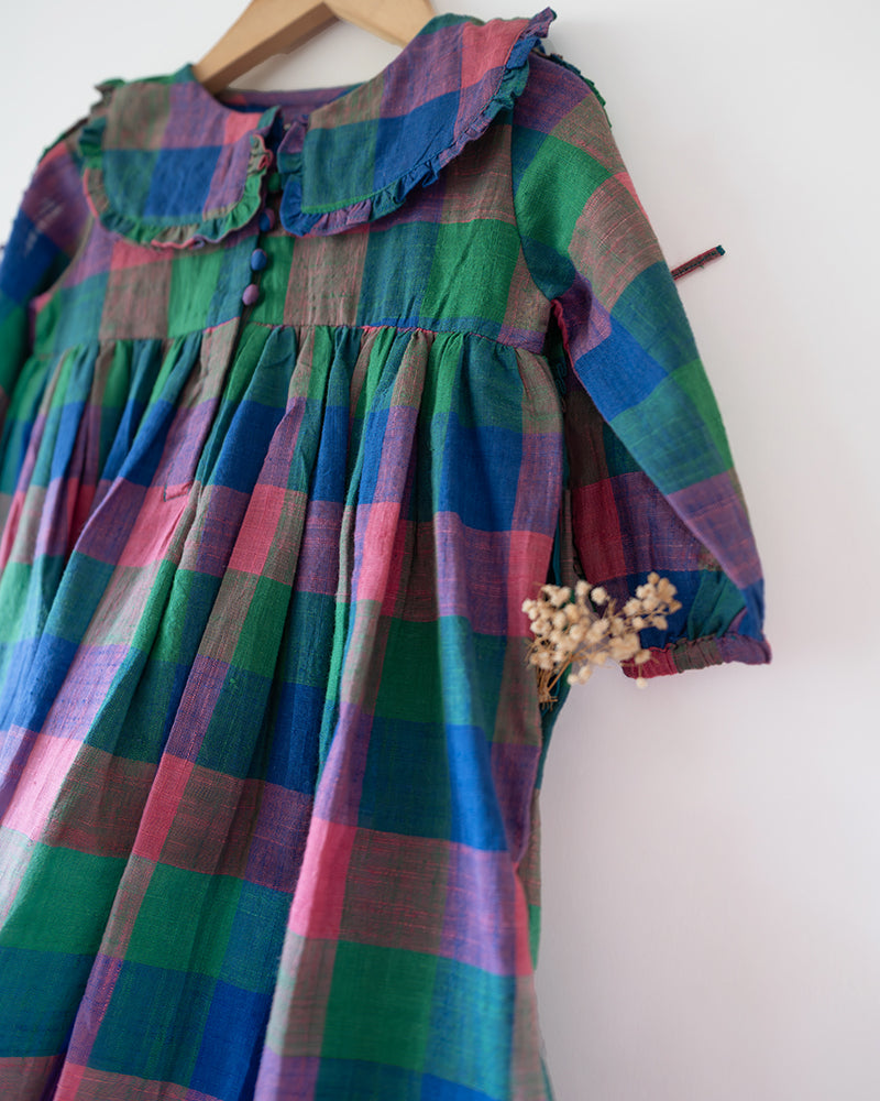 Spring Up Peter Pan Collar Dress In Handwoven Multi-Color Checks